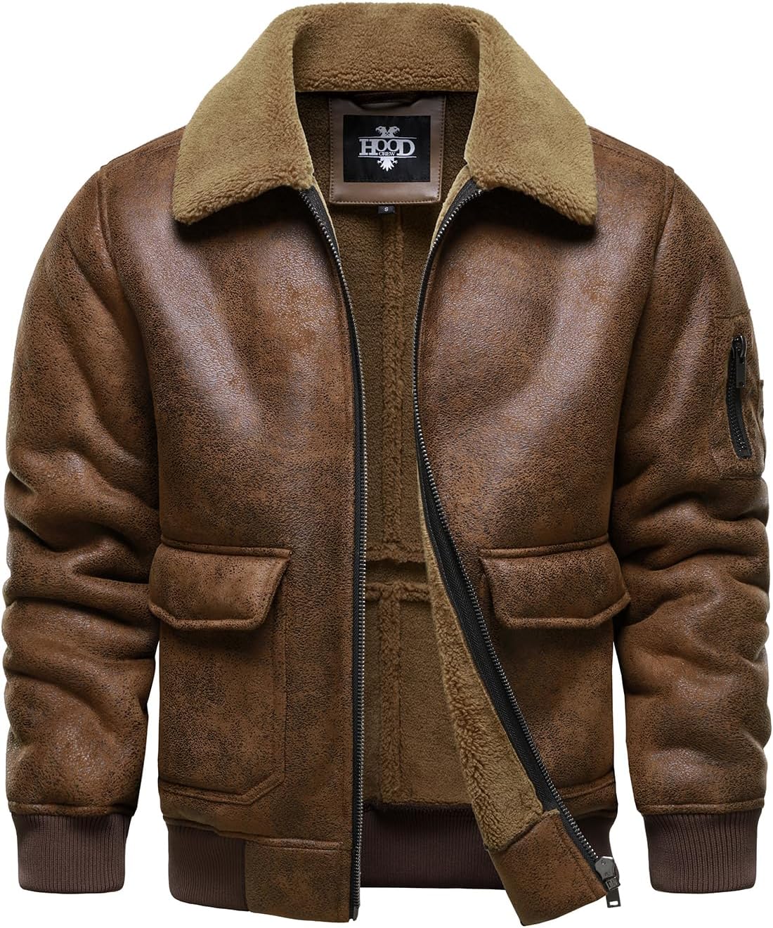 Men’s Warm Brown Faux Leather Aviator Jacket | Fleece Lined Winter Coat