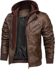 Men’s Warm Brown PU Leather Motorcycle Jacket with Removable Hood