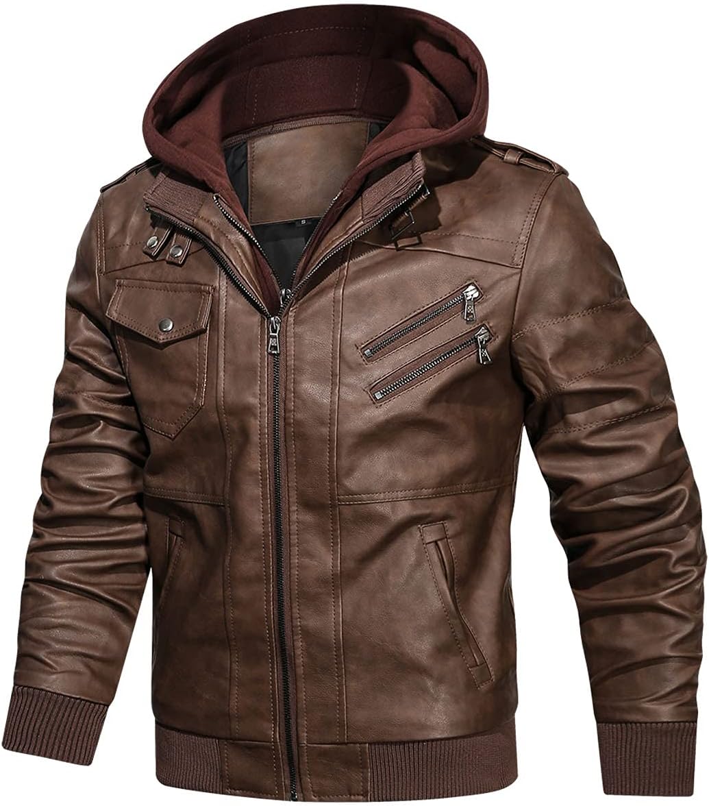 Men’s Warm Brown PU Leather Motorcycle Jacket with Removable Hood