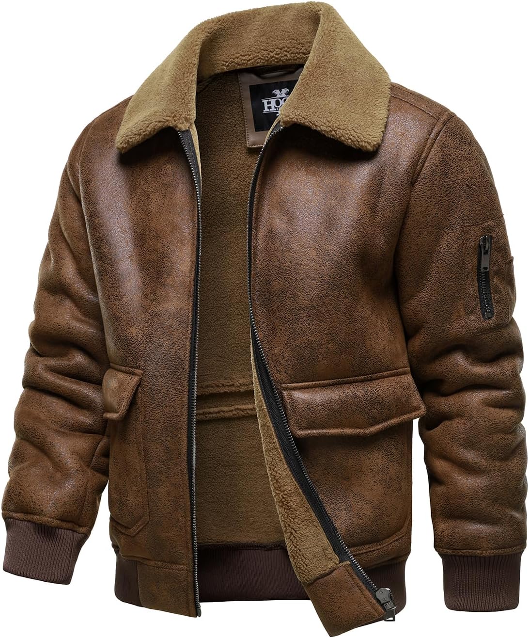 Men’s Warm Brown Faux Leather Aviator Jacket | Fleece Lined Winter Coat