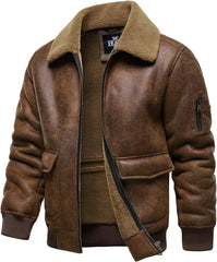 Men’s Warm Brown Faux Leather Aviator Jacket | Fleece Lined Winter Coat