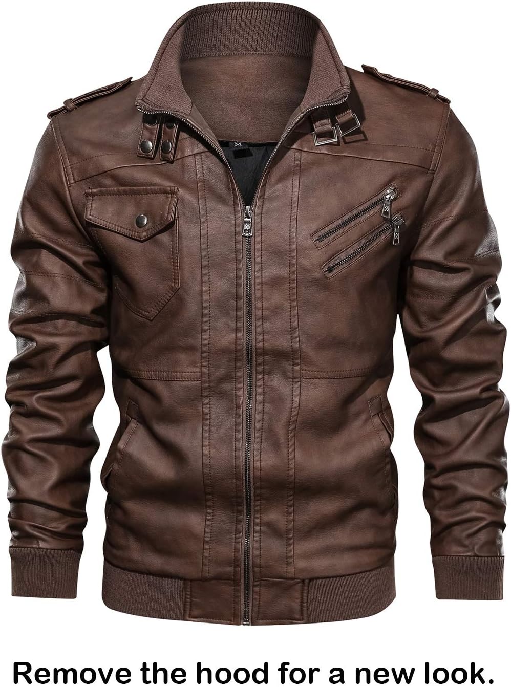 Men’s Warm Brown PU Leather Motorcycle Jacket with Removable Hood