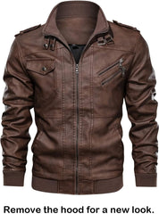 Men’s Warm Brown PU Leather Motorcycle Jacket with Removable Hood