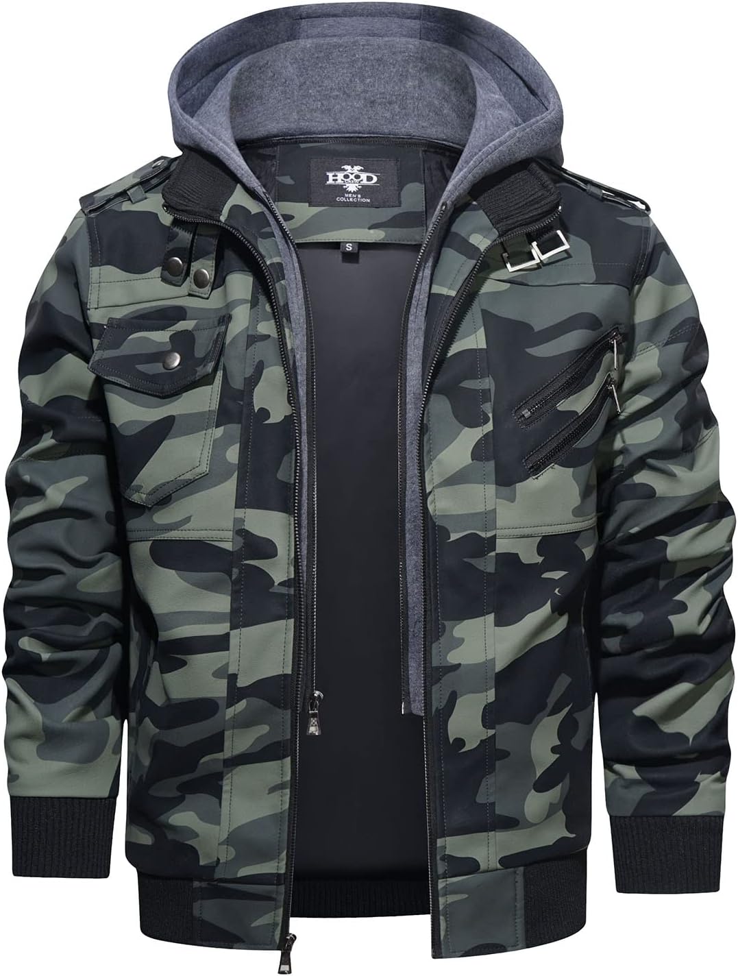 Men’s Warm Camouflage Green PU Leather Motorcycle Jacket with Removable Hood