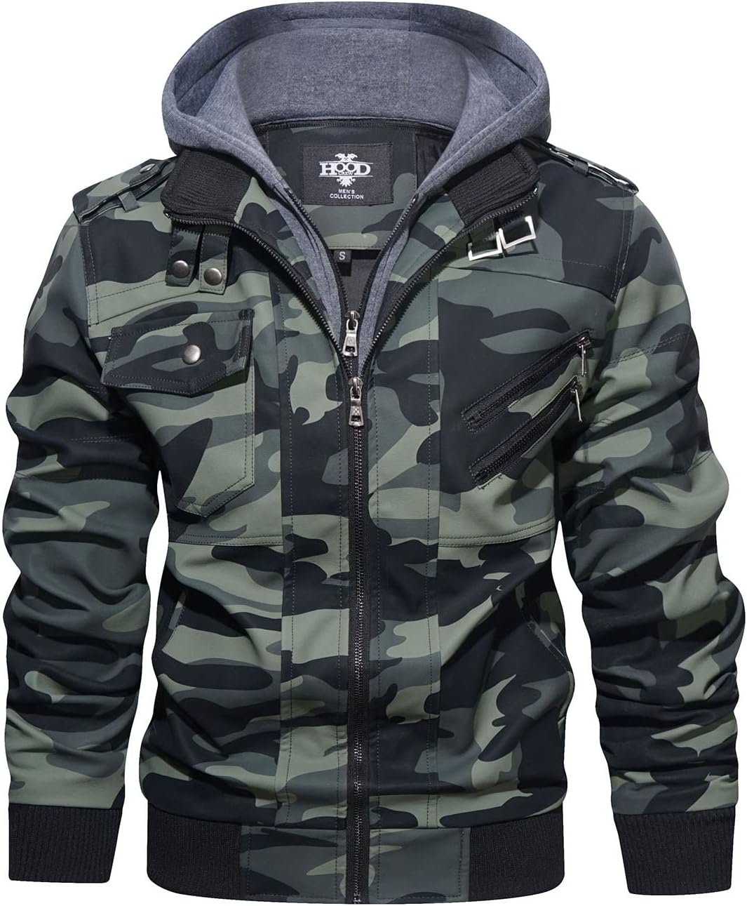 Men’s Warm Camouflage Green PU Leather Motorcycle Jacket with Removable Hood