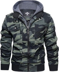 Men’s Warm Camouflage Green PU Leather Motorcycle Jacket with Removable Hood