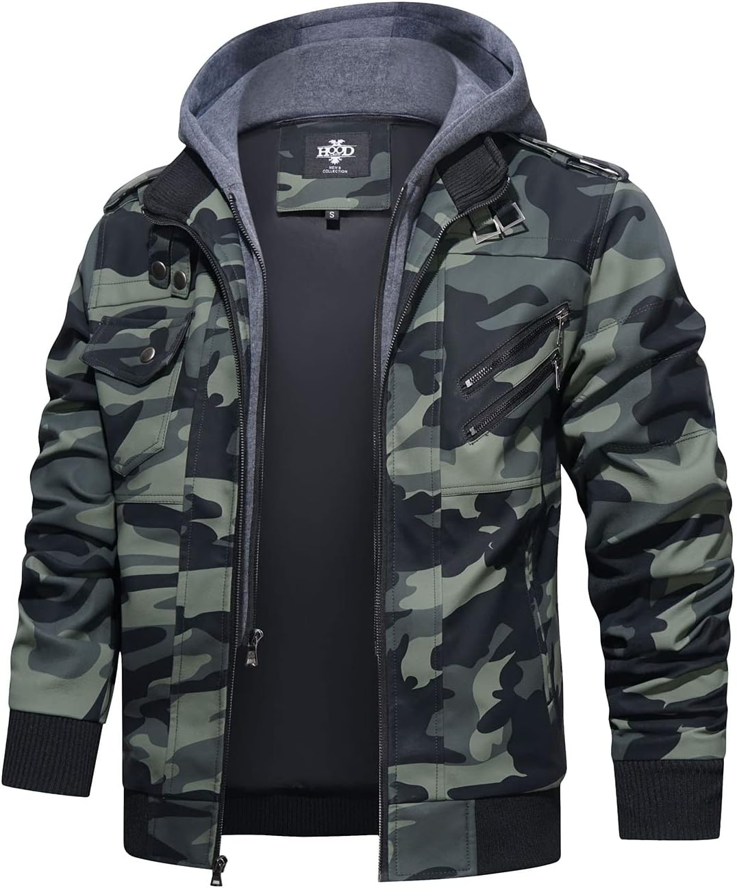 Men’s Warm Camouflage Green PU Leather Motorcycle Jacket with Removable Hood