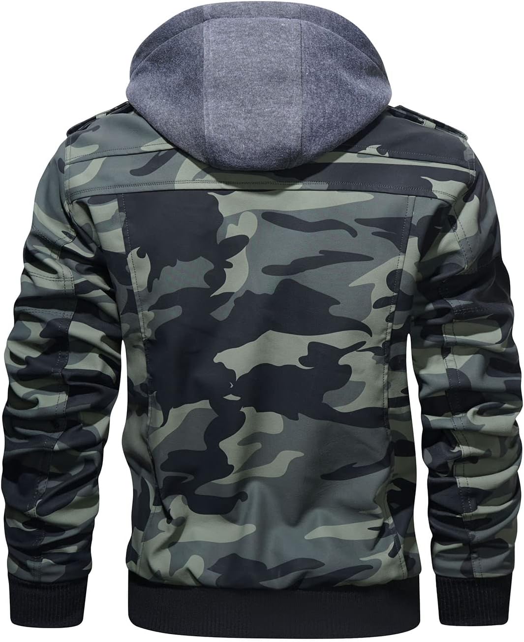 Men’s Warm Camouflage Green PU Leather Motorcycle Jacket with Removable Hood