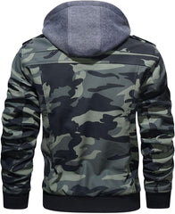 Men’s Warm Camouflage Green PU Leather Motorcycle Jacket with Removable Hood