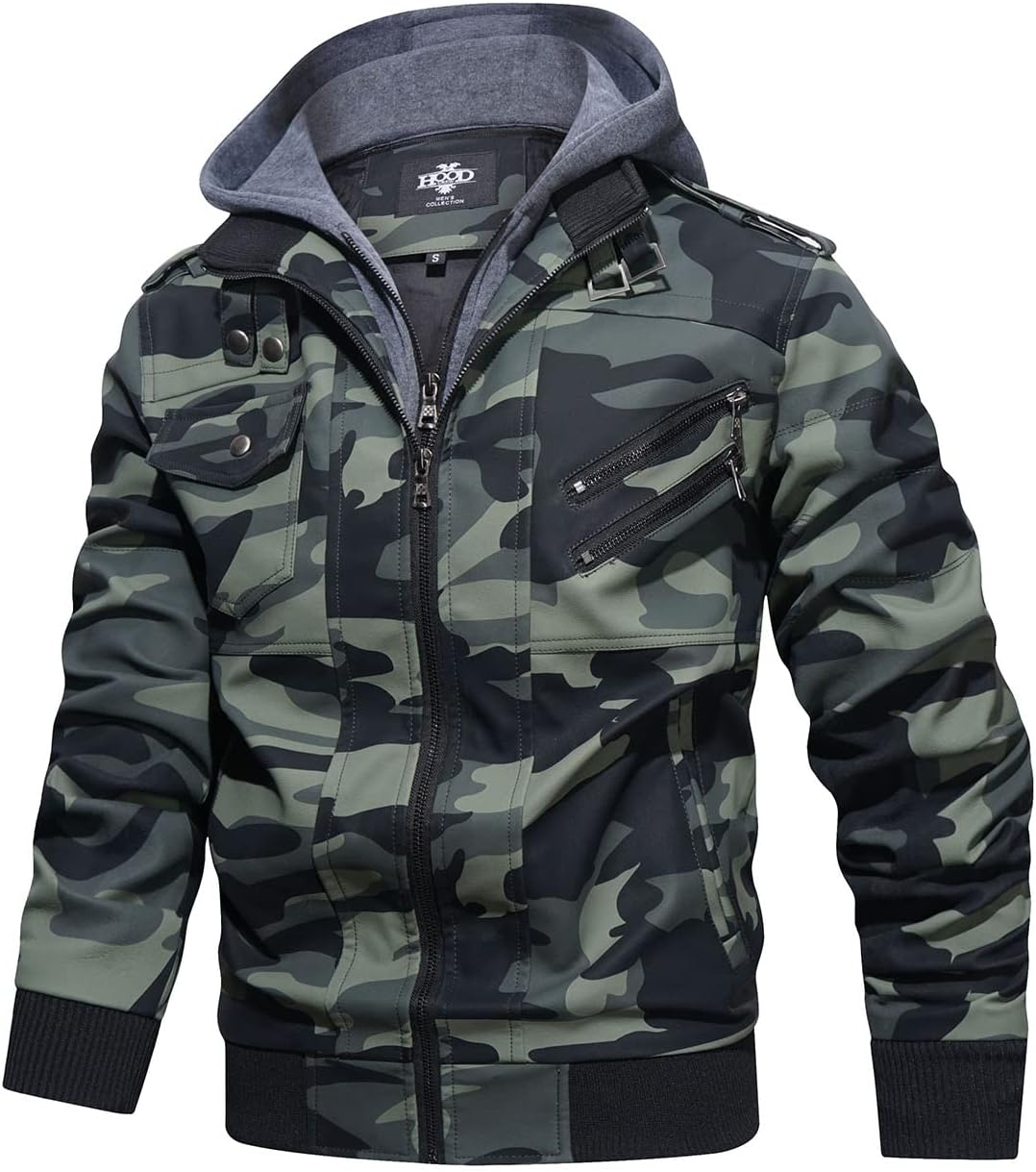 Men’s Warm Camouflage Green PU Leather Motorcycle Jacket with Removable Hood