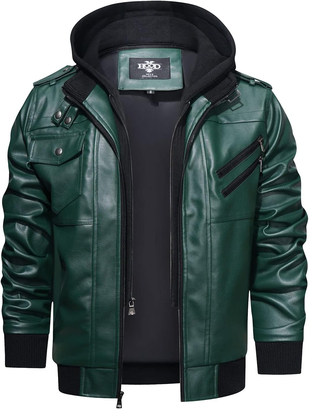 Men’s Warm Dark Green PU Leather Motorcycle Jacket with Removable Hood