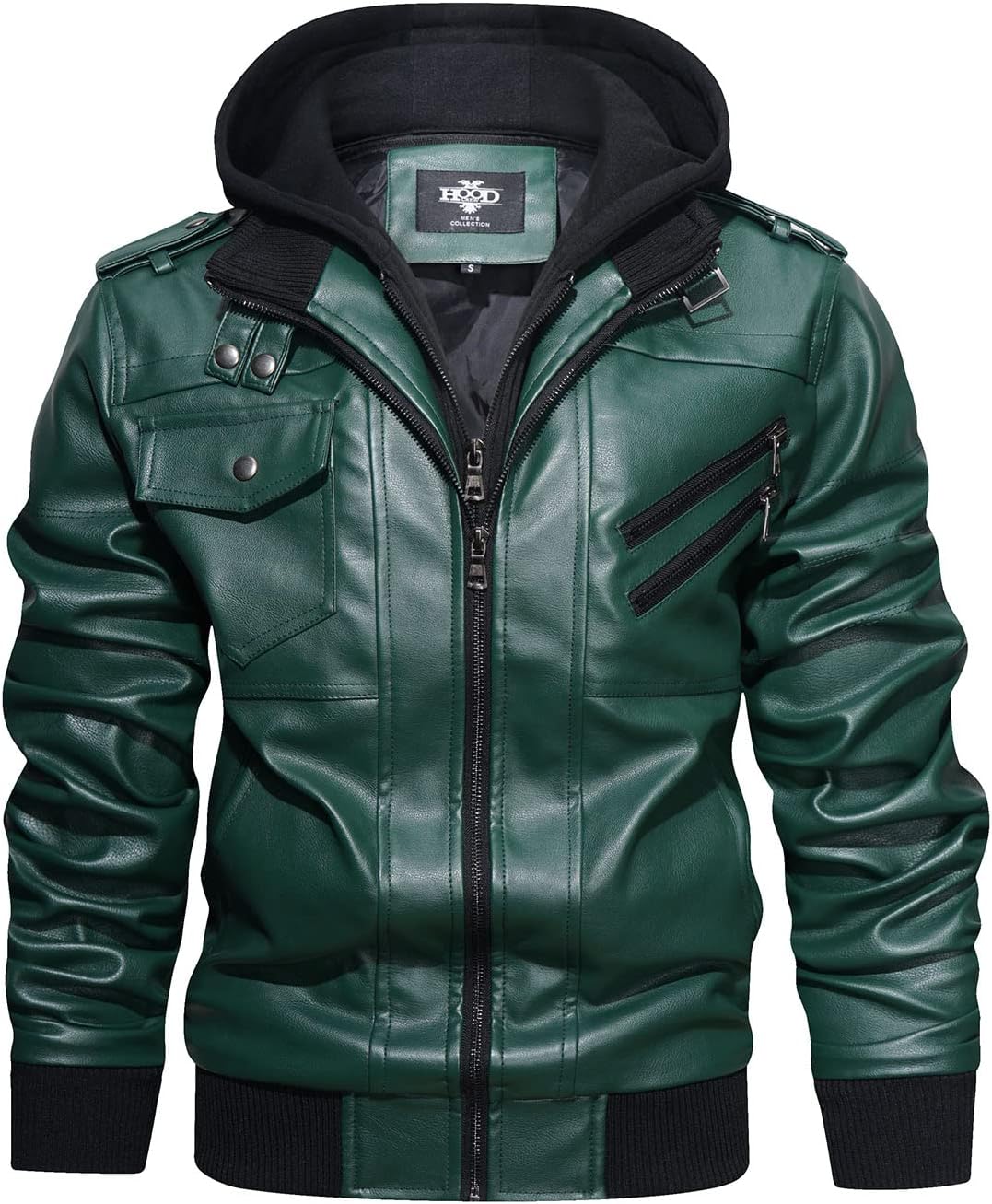 Men’s Warm Dark Green PU Leather Motorcycle Jacket with Removable Hood