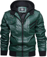 Men’s Warm Dark Green PU Leather Motorcycle Jacket with Removable Hood