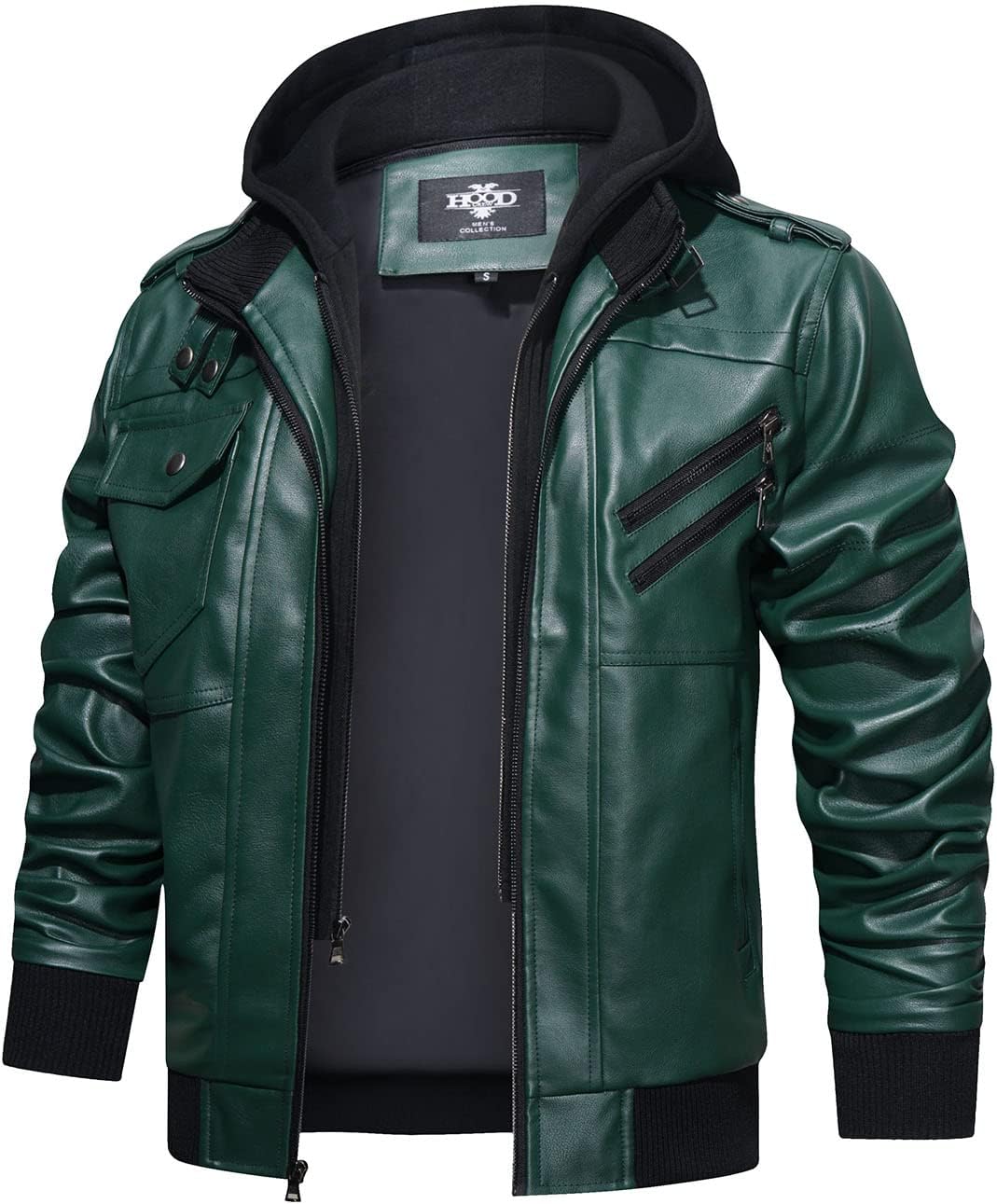Men’s Warm Dark Green PU Leather Motorcycle Jacket with Removable Hood