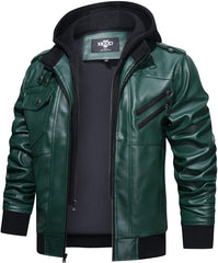 Men’s Warm Dark Green PU Leather Motorcycle Jacket with Removable Hood