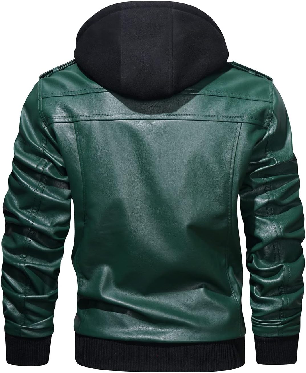 Men’s Warm Dark Green PU Leather Motorcycle Jacket with Removable Hood