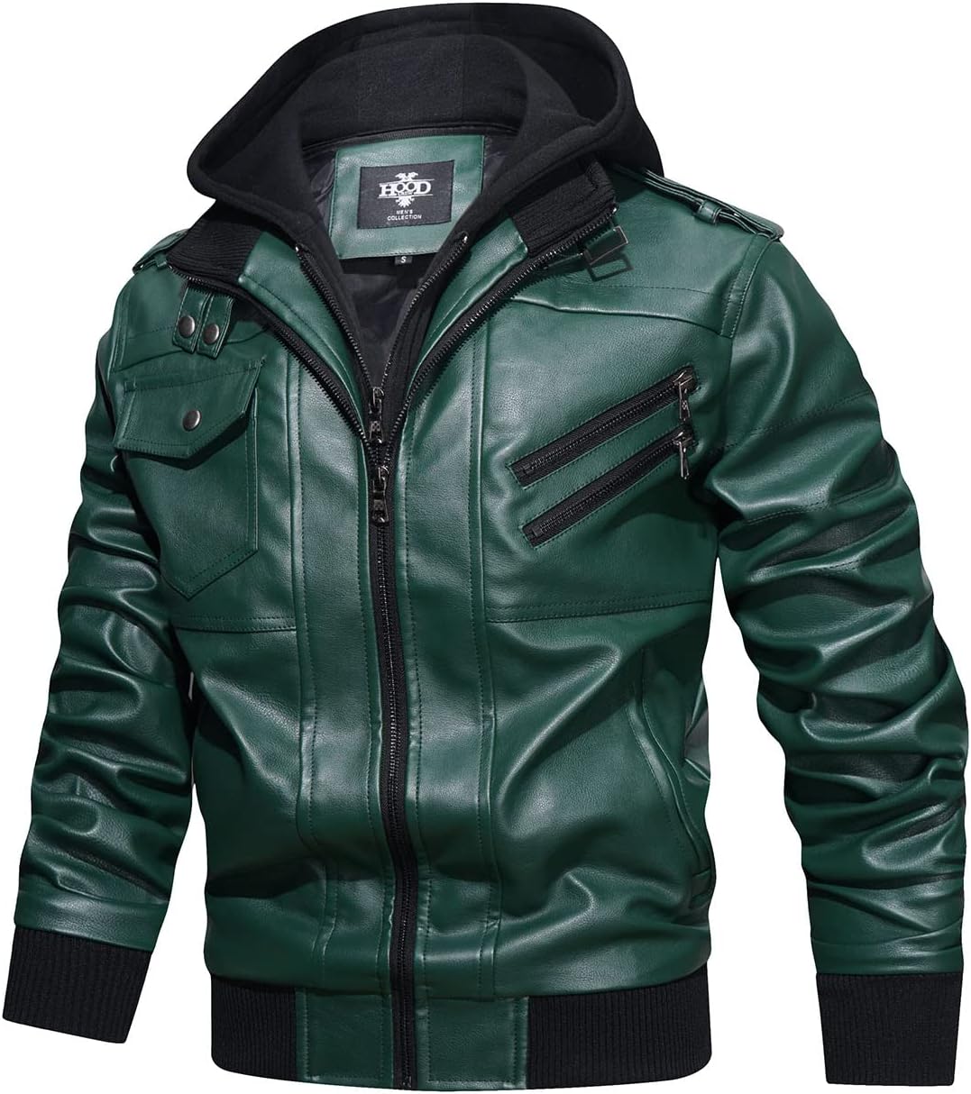Men’s Warm Dark Green PU Leather Motorcycle Jacket with Removable Hood