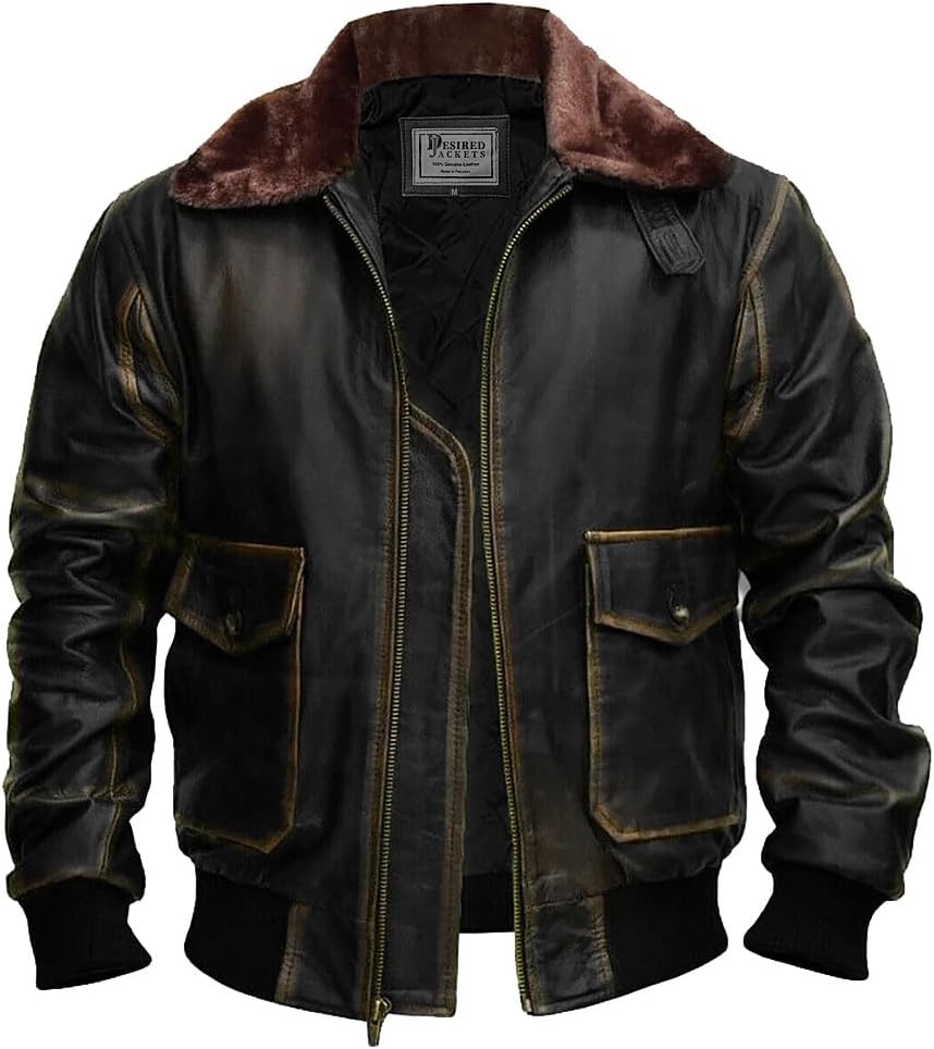 Men’s G-1 Aviator Black Distressed Leather Jacket with Fur Collar