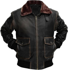 Men’s G-1 Aviator Black Distressed Leather Jacket with Fur Collar