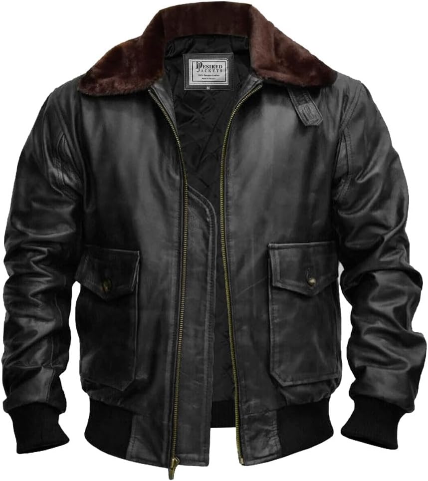 Men’s G-1 Aviator Black Leather Jacket with Fur Collar