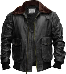 Men’s G-1 Aviator Black Leather Jacket with Fur Collar