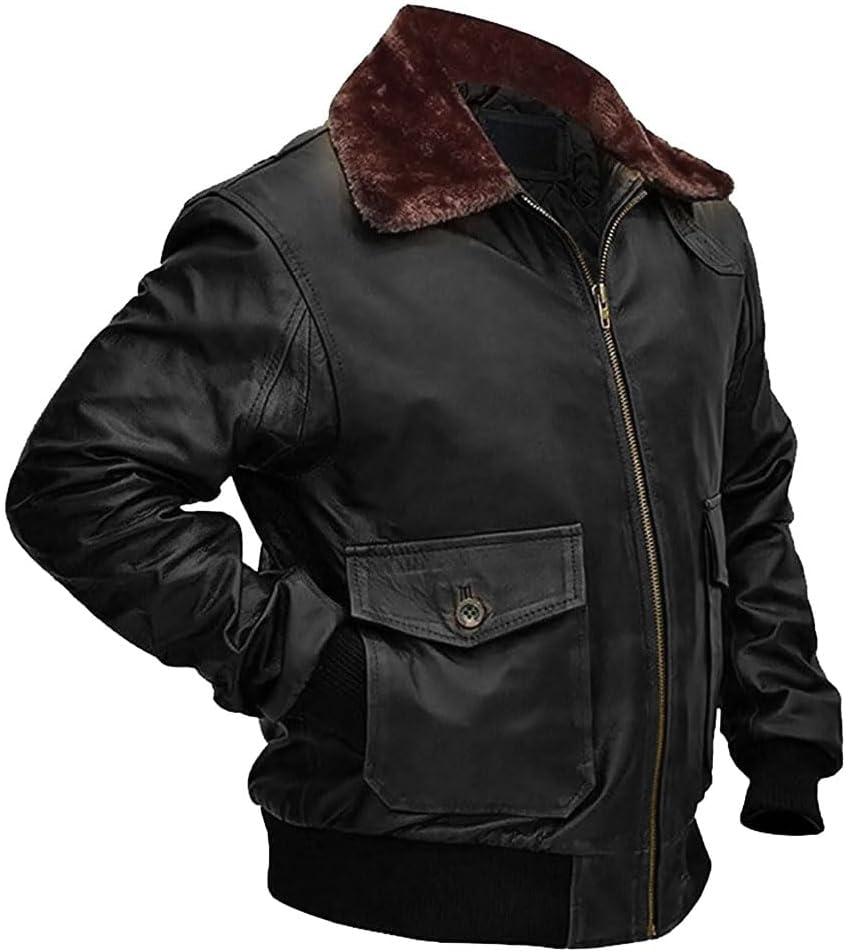 Men’s G-1 Aviator Black Leather Jacket with Fur Collar