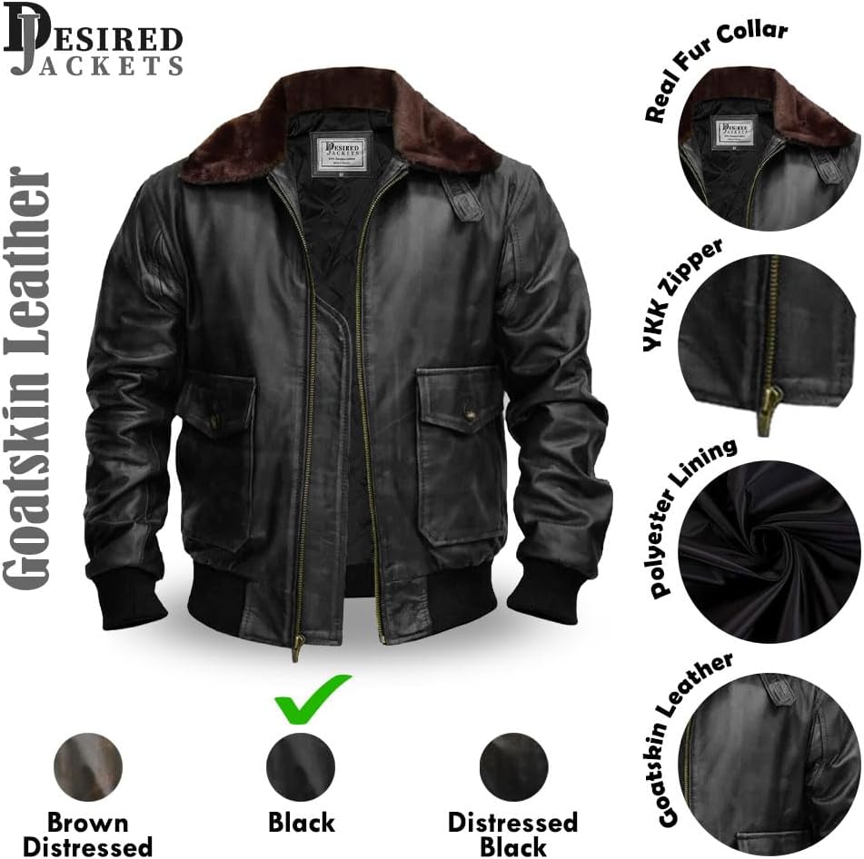 Men’s G-1 Aviator Black Leather Jacket with Fur Collar