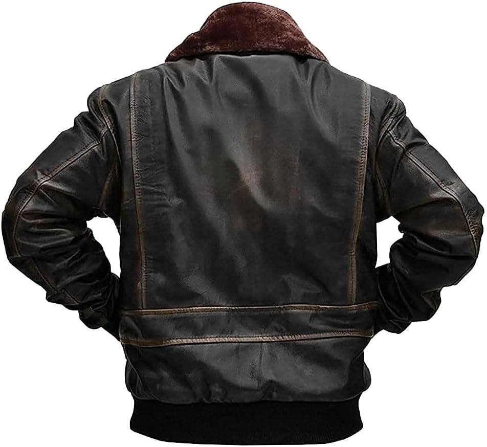 Men’s G-1 Aviator Black Distressed Leather Jacket with Fur Collar
