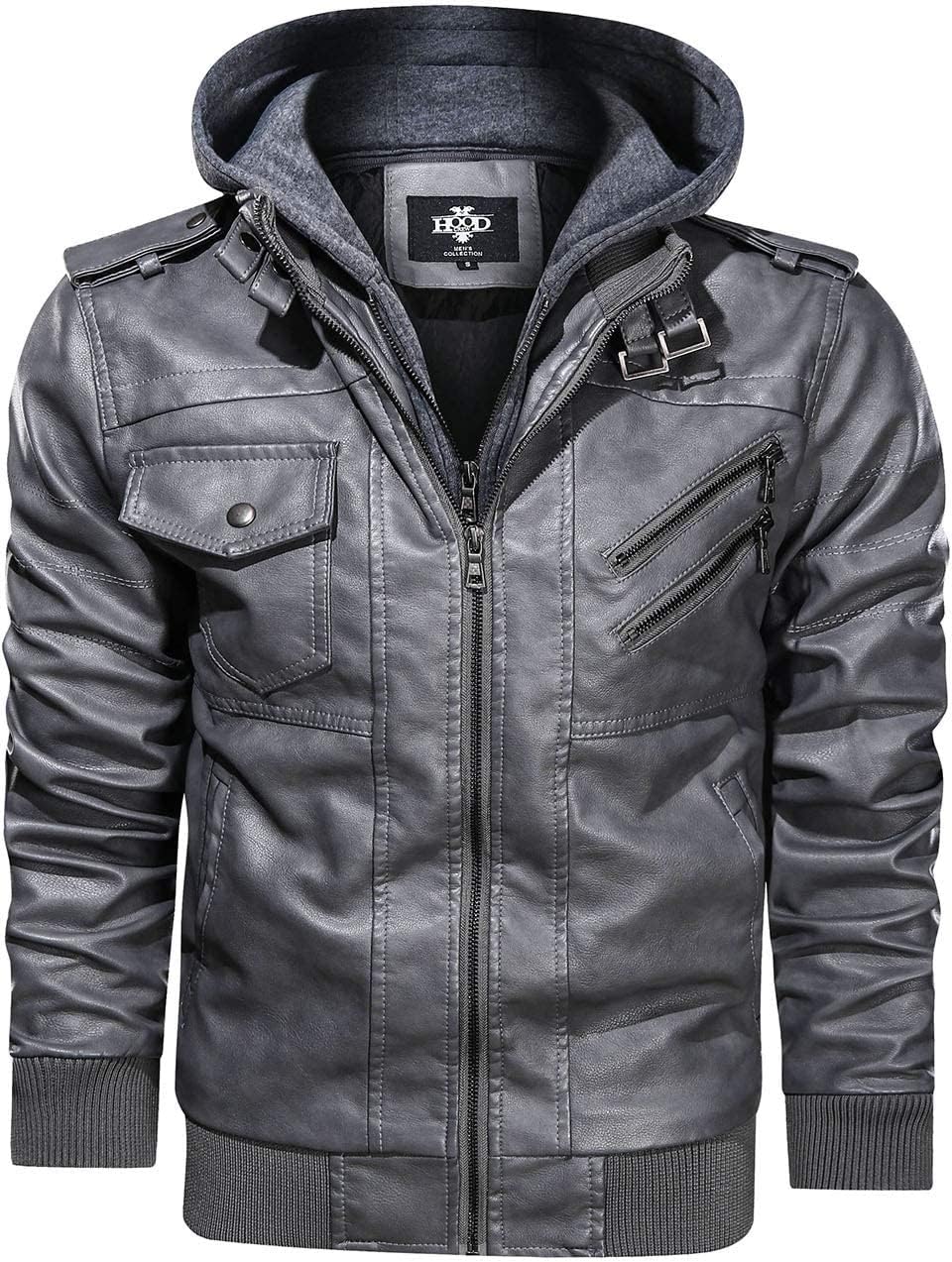 Men’s Warm Grey PU Leather Motorcycle Jacket with Removable Hood