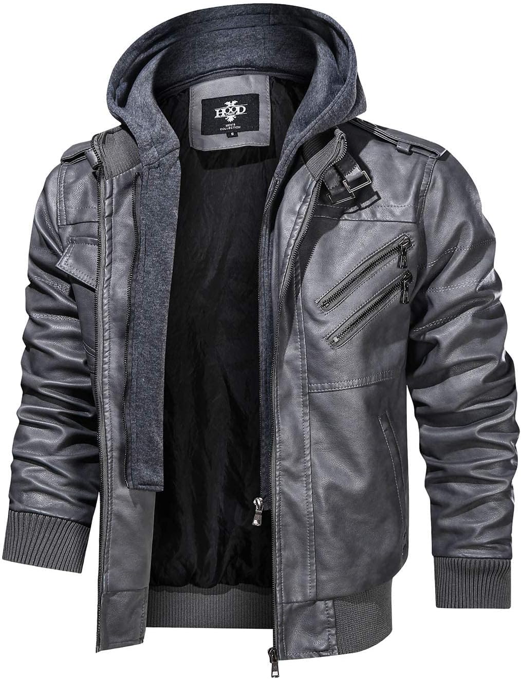 Men’s Warm Grey PU Leather Motorcycle Jacket with Removable Hood