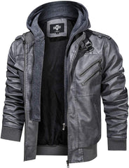 Men’s Warm Grey PU Leather Motorcycle Jacket with Removable Hood