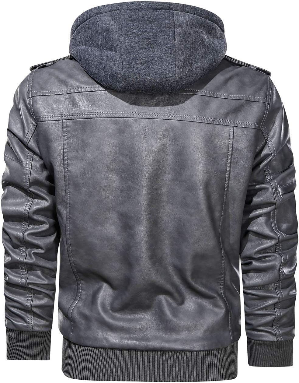Men’s Warm Grey PU Leather Motorcycle Jacket with Removable Hood