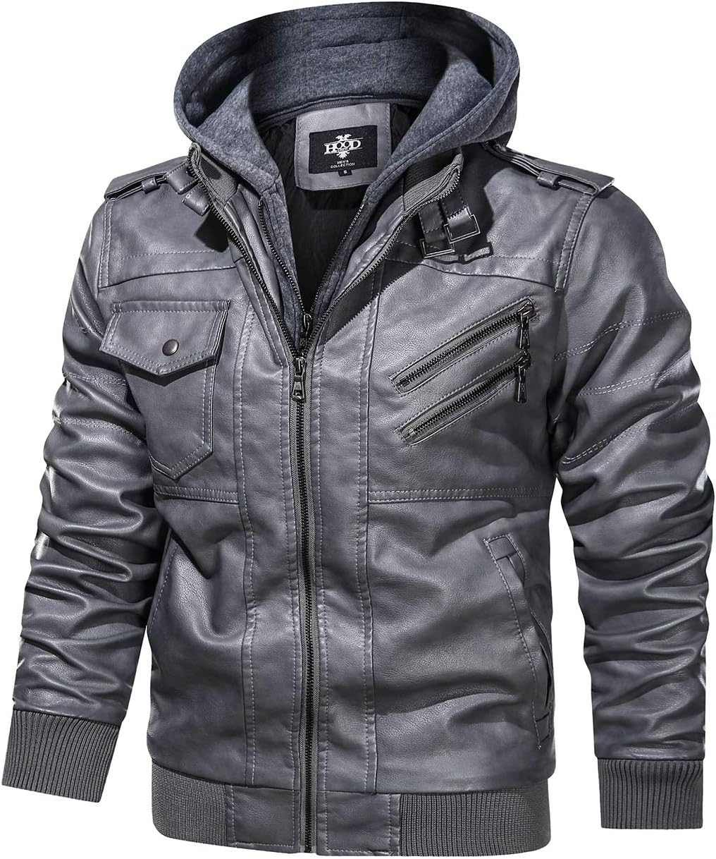 Men’s Warm Grey PU Leather Motorcycle Jacket with Removable Hood