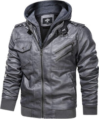 Men’s Warm Grey PU Leather Motorcycle Jacket with Removable Hood