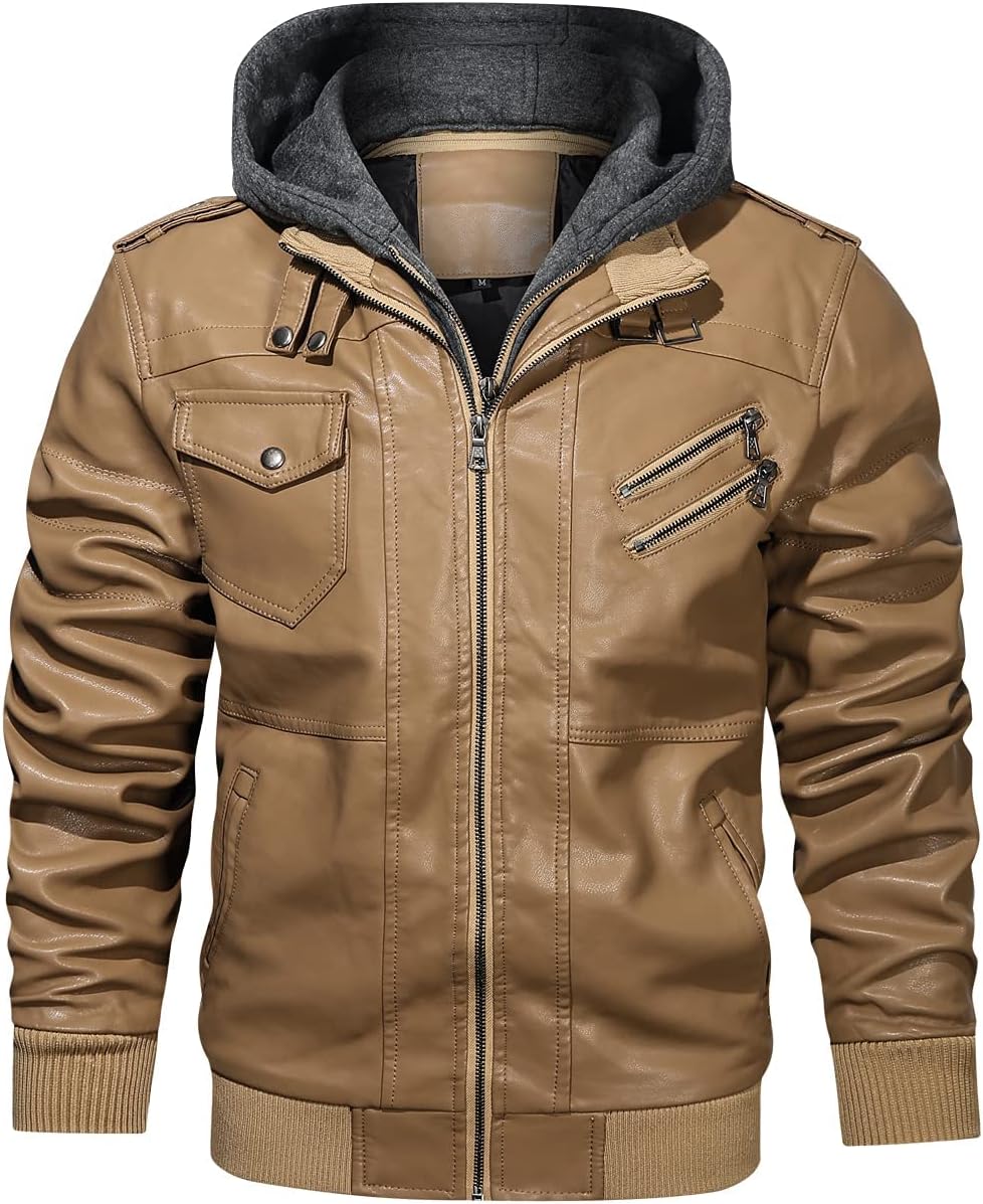 Men’s Warm Khaki PU Leather Motorcycle Jacket with Removable Hood