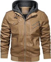 Men’s Warm Khaki PU Leather Motorcycle Jacket with Removable Hood