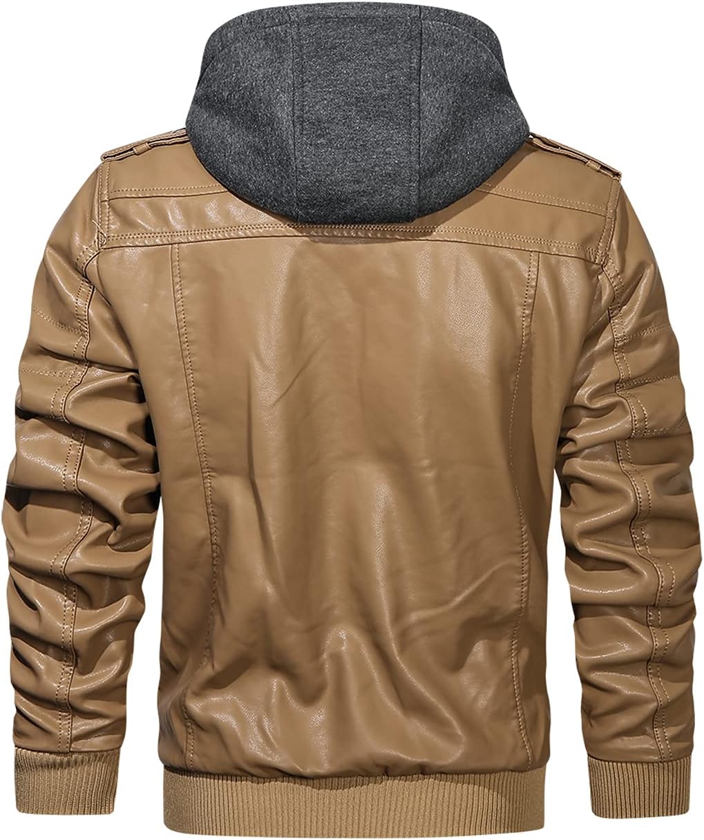 Men’s Warm Khaki PU Leather Motorcycle Jacket with Removable Hood