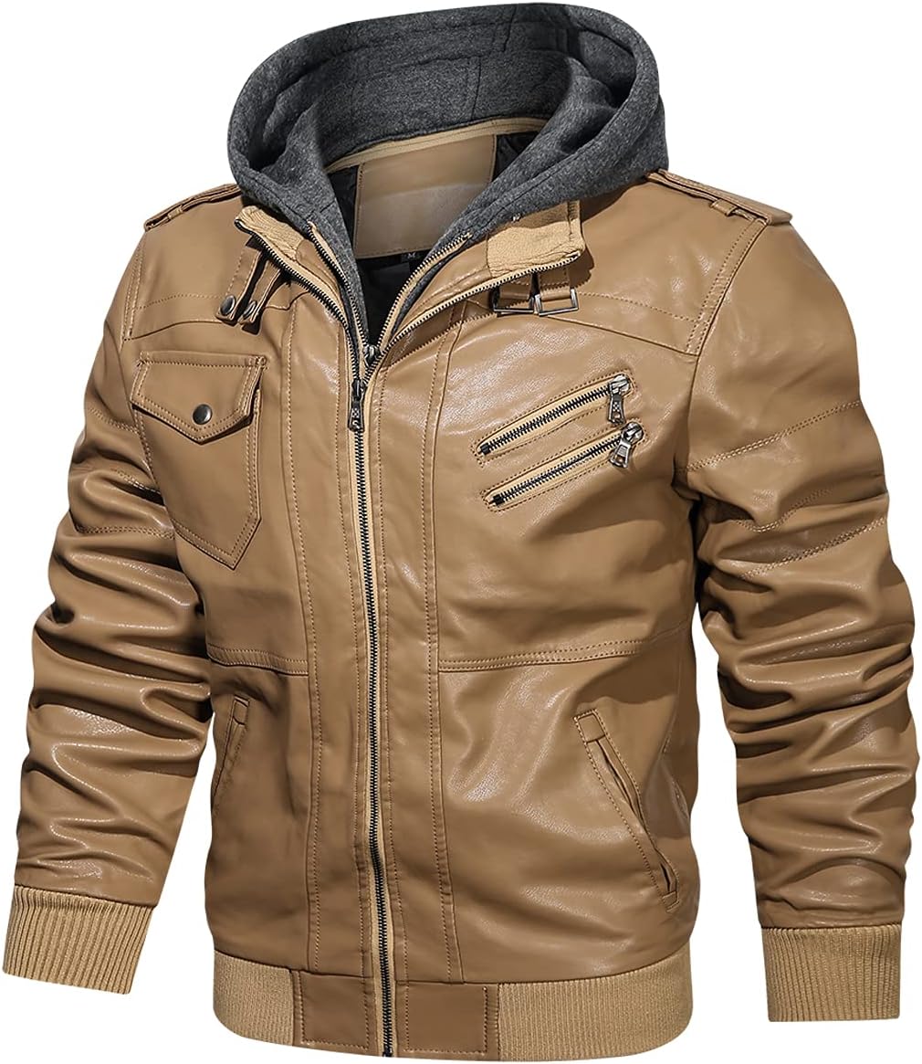 Men’s Warm Khaki PU Leather Motorcycle Jacket with Removable Hood