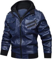 Men’s Warm Navy Blue PU Leather Motorcycle Jacket with Removable Hood