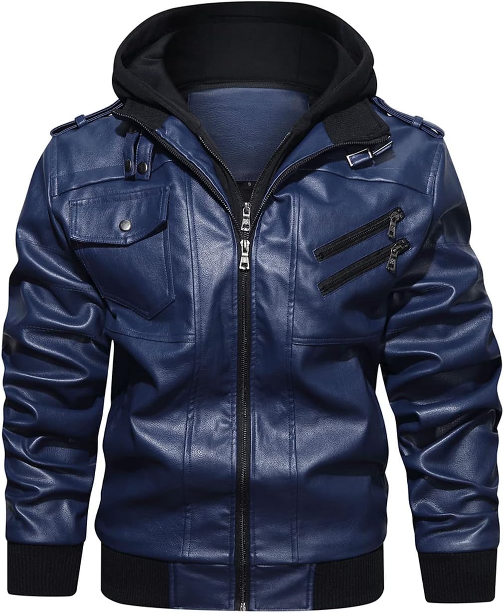 Men’s Warm Navy Blue PU Leather Motorcycle Jacket with Removable Hood