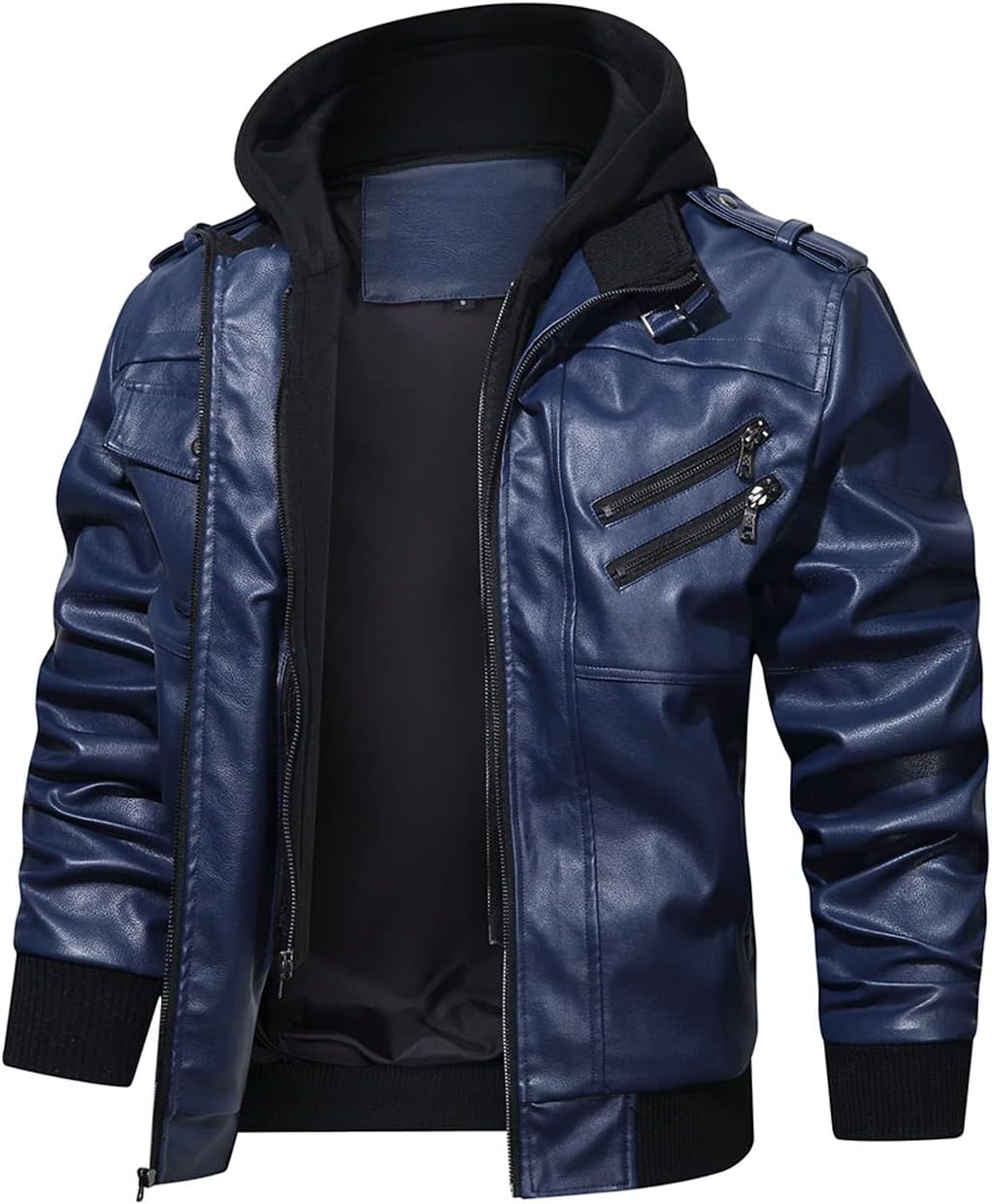 Men’s Warm Navy Blue PU Leather Motorcycle Jacket with Removable Hood