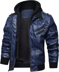 Men’s Warm Navy Blue PU Leather Motorcycle Jacket with Removable Hood