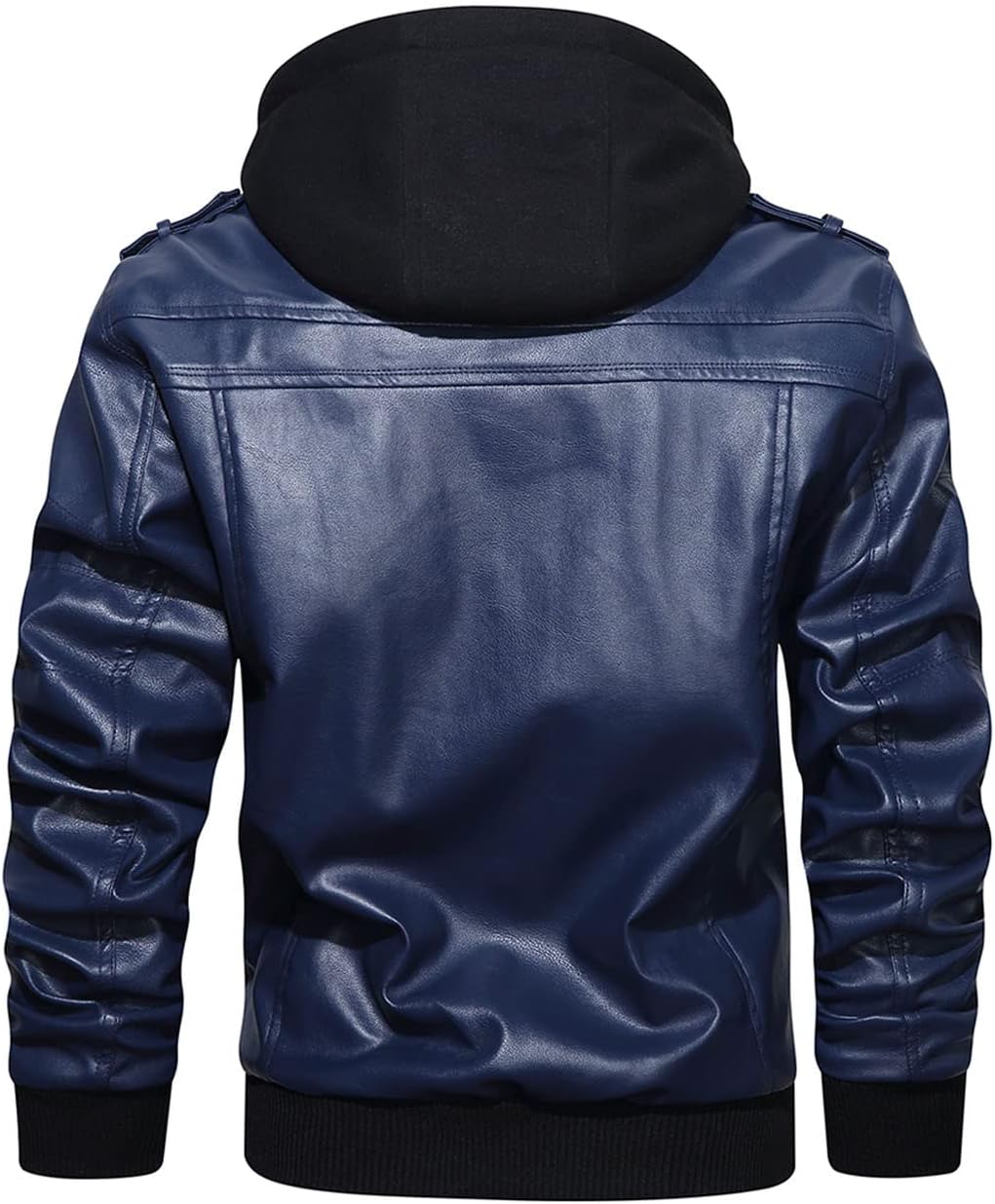 Men’s Warm Navy Blue PU Leather Motorcycle Jacket with Removable Hood