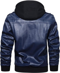 Men’s Warm Navy Blue PU Leather Motorcycle Jacket with Removable Hood