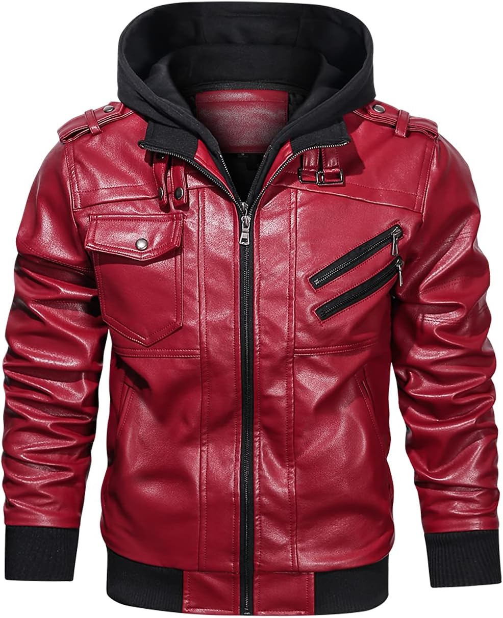 Men’s Warm Red PU Leather Motorcycle Jacket with Removable Hood