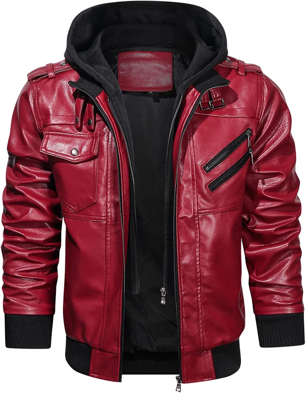 Men’s Warm Red PU Leather Motorcycle Jacket with Removable Hood