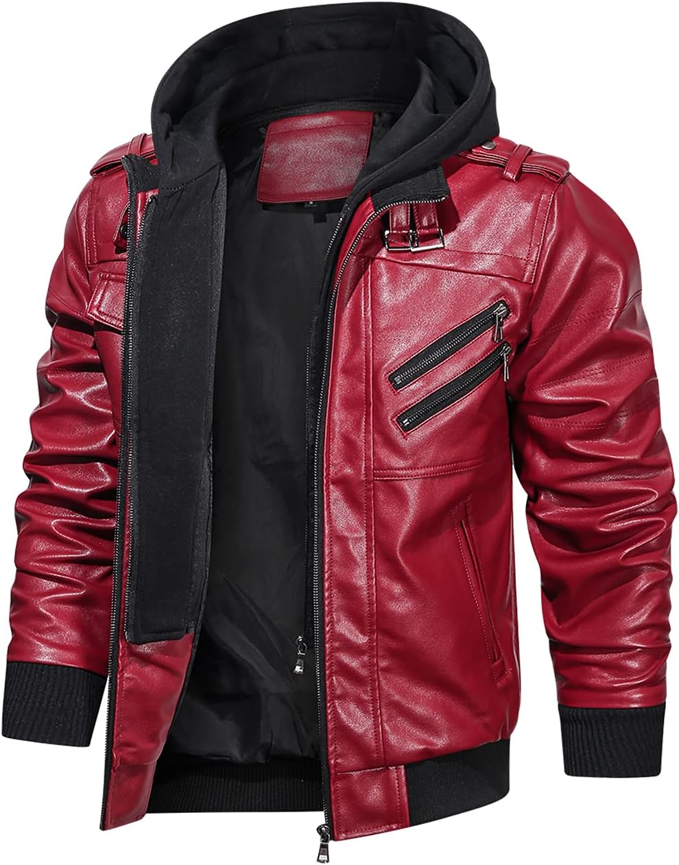 Men’s Warm Red PU Leather Motorcycle Jacket with Removable Hood