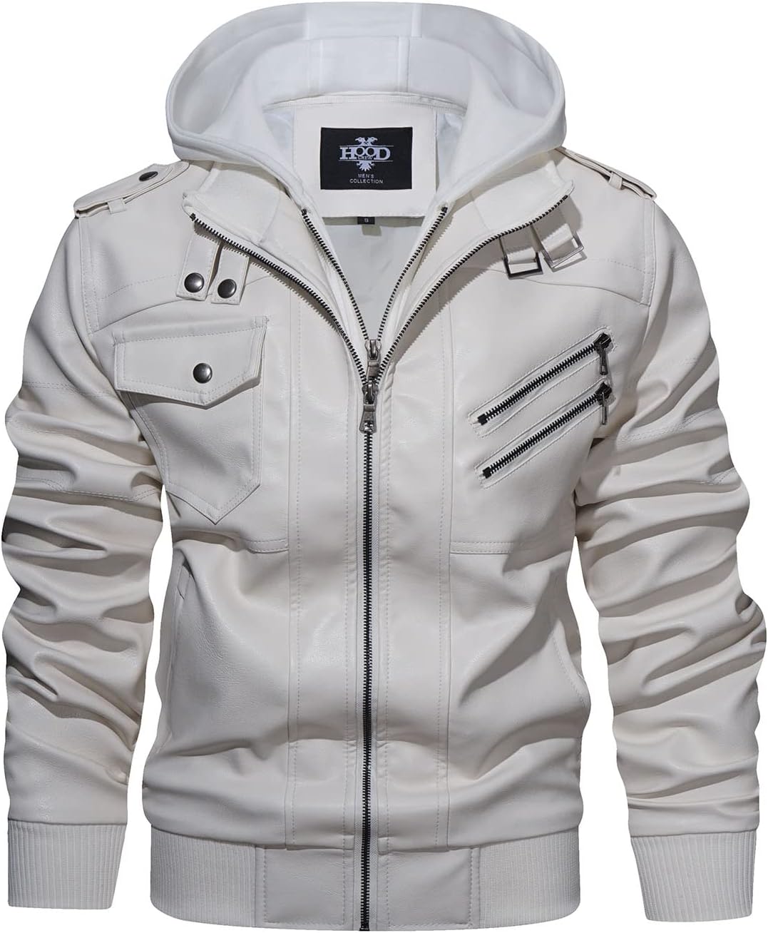 Men’s Warm White PU Leather Motorcycle Jacket with Removable Hood
