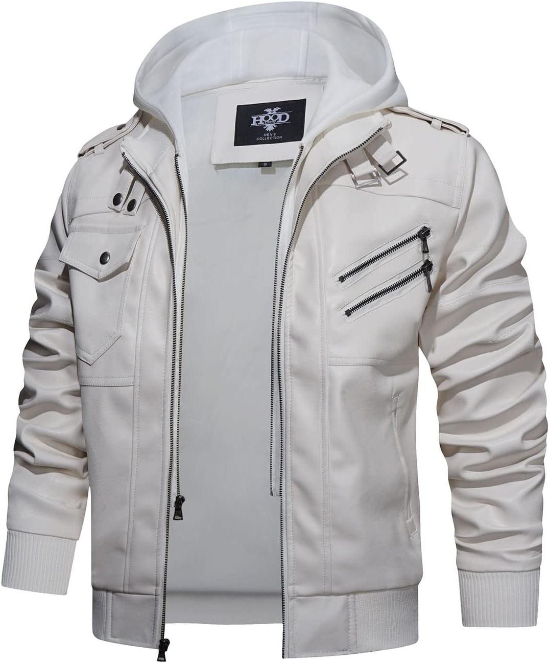 Men’s Warm White PU Leather Motorcycle Jacket with Removable Hood