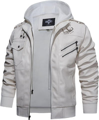 Men’s Warm White PU Leather Motorcycle Jacket with Removable Hood